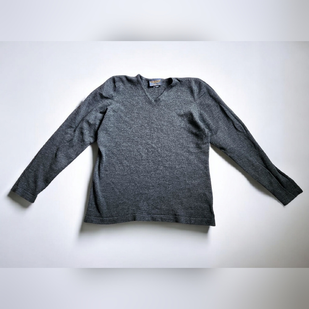 Straven England Womens L Wool V Neck Knit Sweater Dark Grey Pullover Classic Top